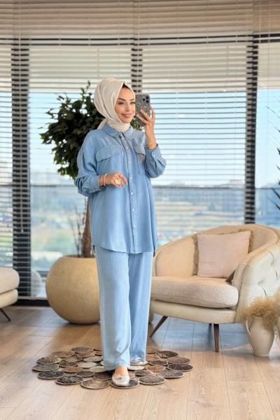 34177 Tencel Oversize Gömlek Mavi