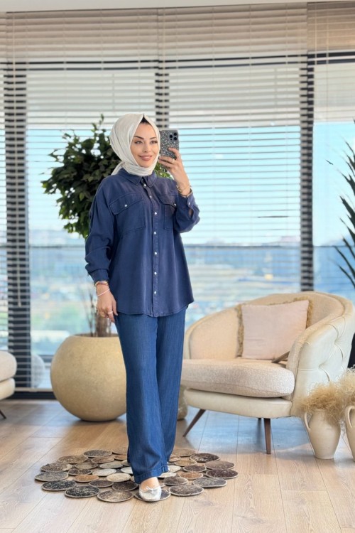 34177 Tencel Oversize Gömlek Lacivert