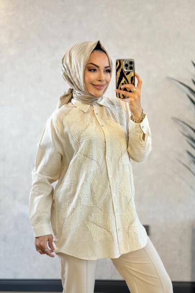 34194 Önü Kordon Nakışlı Gömlek Bej