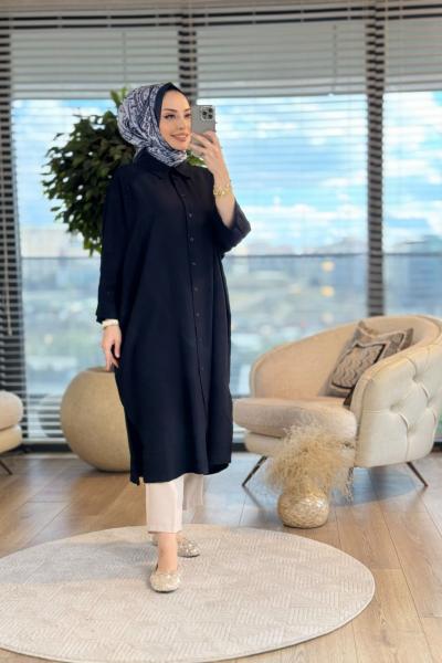 34296 Gofre Apolet Detaylı Uzun Tunik Siyah