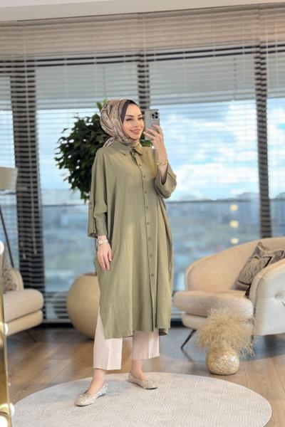 34296 Gofre Apolet Detaylı Uzun Tunik Haki