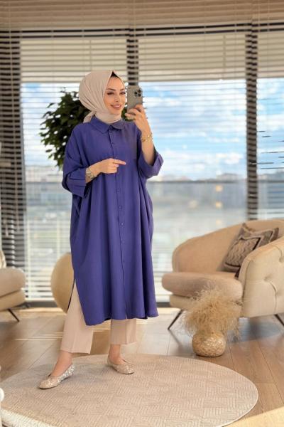 34296 Gofre Apolet Detaylı Uzun Tunik Koyu İndigo