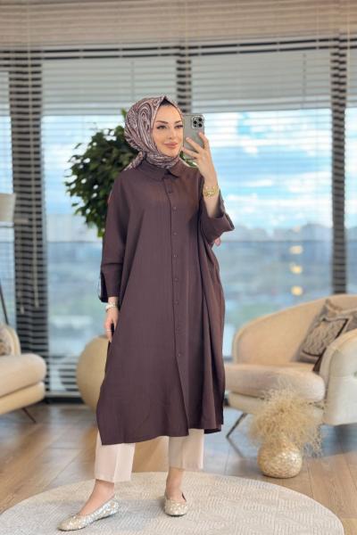 34296 Gofre Apolet Detaylı Uzun Tunik Koyu Kahve