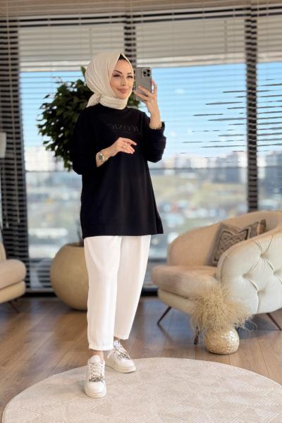 34297 Tonaton Baskılı Basic Sweat Siyah