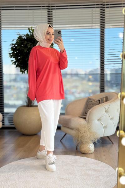 34297 Tonaton Baskılı Basic Sweat Mercan
