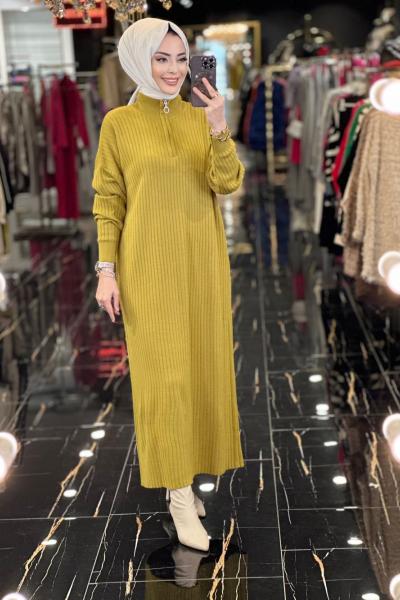 3431 Fitilli Patı Fermuarlı Triko Elbise Yağ Yeşili