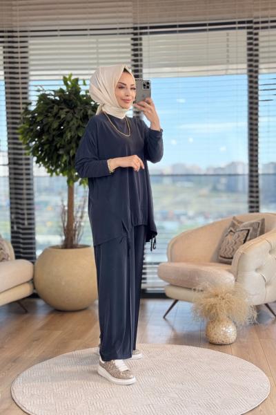 34319 Kesik Ve Büzgü Detaylı Takım Siyah