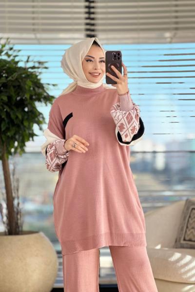 3432 Kolu Desenli Triko Pantolon Takım Gül