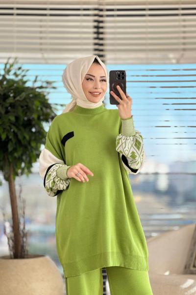 3432 Kolu Desenli Triko Pantolon Takım Yeşil