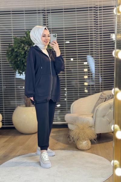 34343 Cepli Kapşonlu Fermuarlı Bomber Ceket Siyah