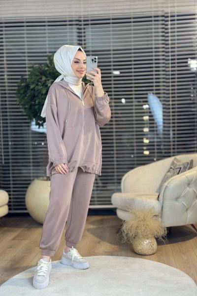 34343 Cepli Kapşonlu Fermuarlı Bomber Ceket Vizon