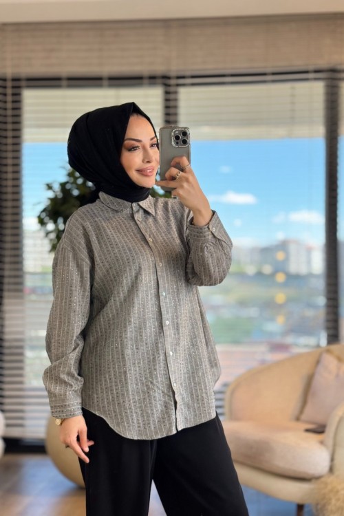 34359 Ön Arka Sıra Taş Baskılı Gömlek Haki