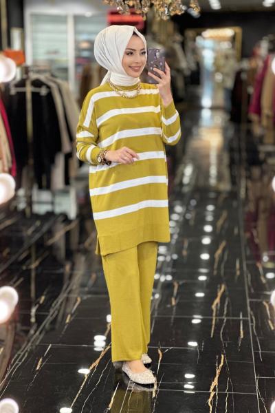 3439 Enine Kalın Çizgili Triko Pantolon Takım Yağ Yeşili