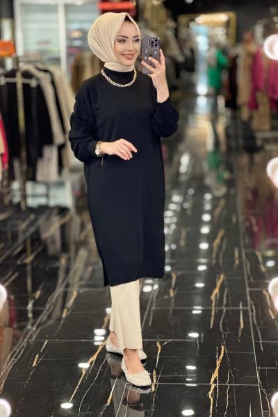 3443 Nopen Fitilli Triko Tunik Siyah