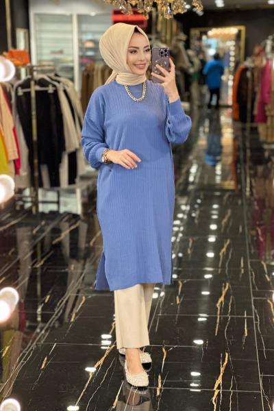 3443 Nopen Fitilli Triko Tunik İndigo