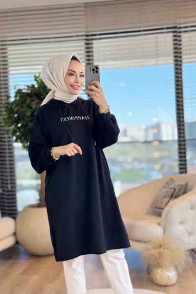 34436 Tonaton Nakışlı Uzun Tunik Siyah