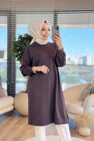 34436 Tonaton Nakışlı Uzun Tunik Kahve