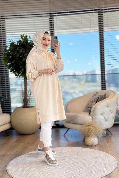 34436 Tonaton Nakışlı Uzun Tunik Bej