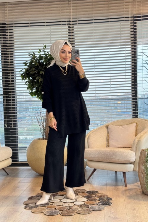 3444 Nopen Fitilli Triko Pantolon Takım Siyah