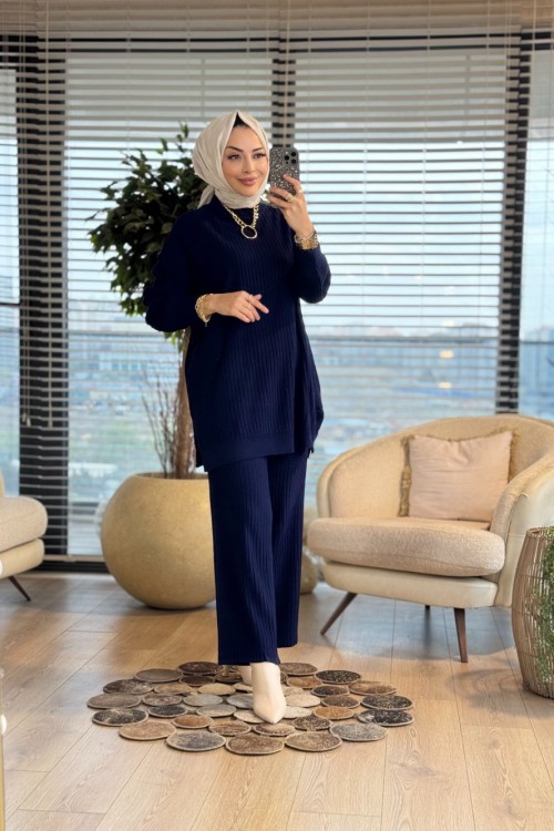 3444 Nopen Fitilli Triko Pantolon Takım Lacivert