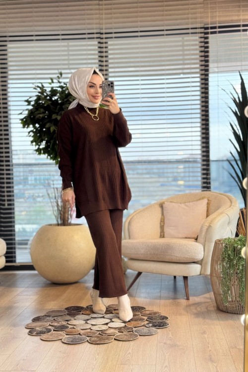 3444 Nopen Fitilli Triko Pantolon Takım Kahve