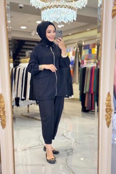 34485 Fermuarlı Bomber Takım Siyah