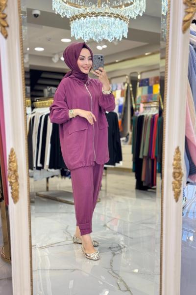 34485 Fermuarlı Bomber Takım Mürdüm