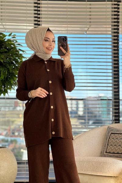 3449 İnce Fitilli Üst Hırka Triko Pantolon Takım Kahve