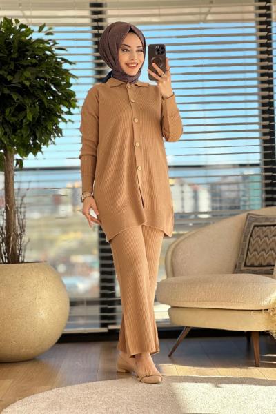 3449 İnce Fitilli Üst Hırka Triko Pantolon Takım Latte