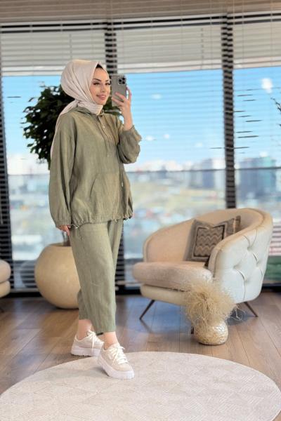 34607 Gofre Eteği Büzgülü Kapşonlu Takım Haki