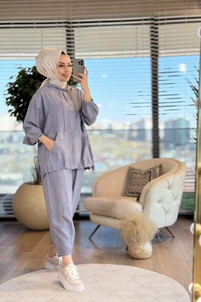 34607 Gofre Eteği Büzgülü Kapşonlu Takım Gri