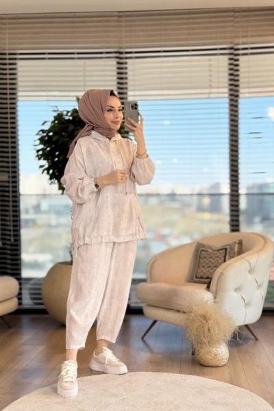 34607 Gofre Eteği Büzgülü Kapşonlu Takım Ekru