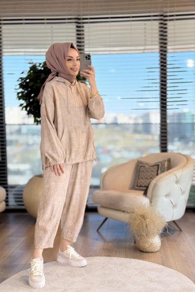 34607 Gofre Eteği Büzgülü Kapşonlu Takım Toprak