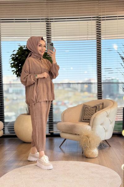 34607 Gofre Eteği Büzgülü Kapşonlu Takım Koyu Vizon