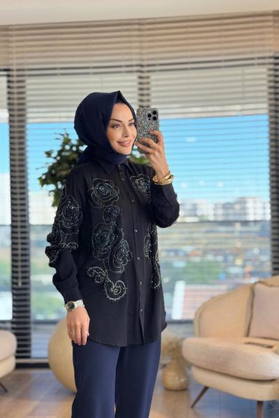 34608 Ön Kolu Boncuk Çiçek İşlemeli Gömlek Siyah