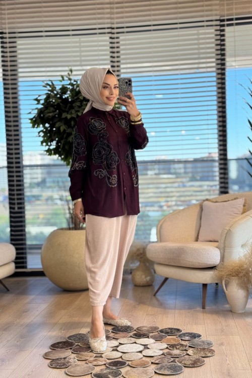 34608 Ön Kolu Boncuk Çiçek İşlemeli Gömlek Bordo