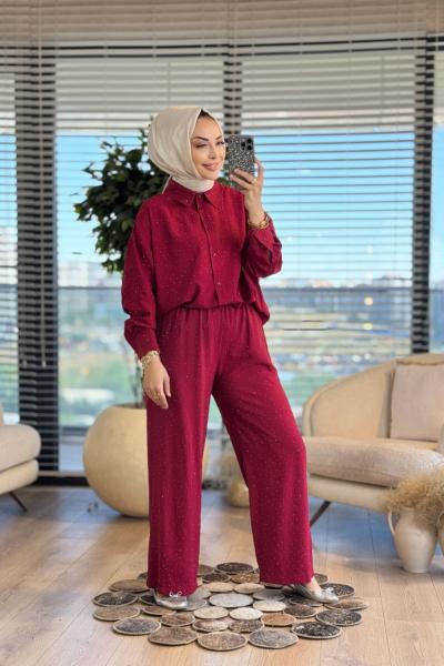 34620 Gofre Üstü Taş Baskılı Takım Bordo