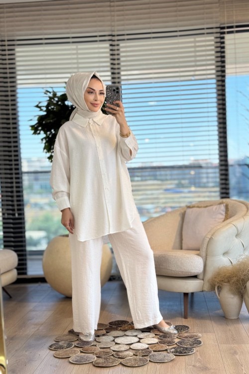 34620 Gofre Üstü Taş Baskılı Takım Ekru