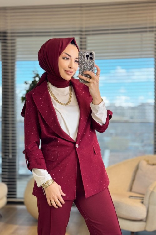 34720 Taşlı Kol Detaylı Ceket Bordo