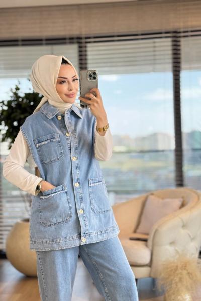 34731 Cebi Püsküllü Kot Yelek Mavi