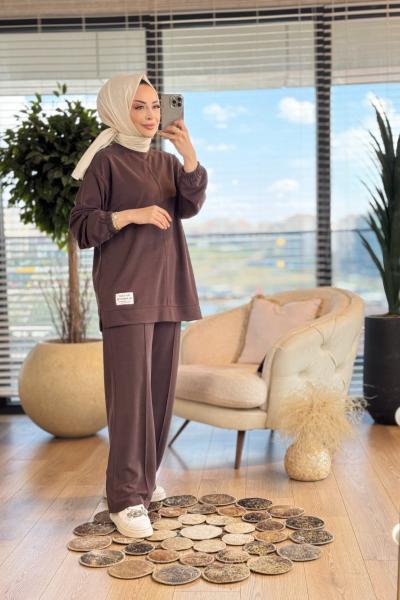 34764 Etiket Ve Dikiş Detaylı Takım Kahve