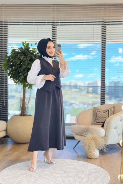 34783 Yelekli Etekli Modal Takım Siyah