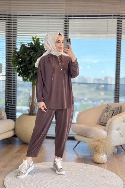 34831 Konik Pantolonlu Kapşonlu Takım Kahve