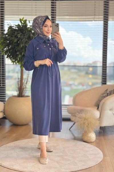 34835 Beli Tünelli Gömlek Yakalı Elbise Lacivert