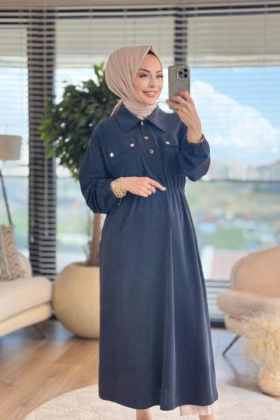 34835 Beli Tünelli Gömlek Yakalı Elbise Siyah