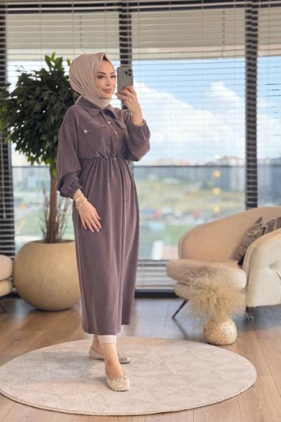 34835 Beli Tünelli Gömlek Yakalı Elbise Kahve