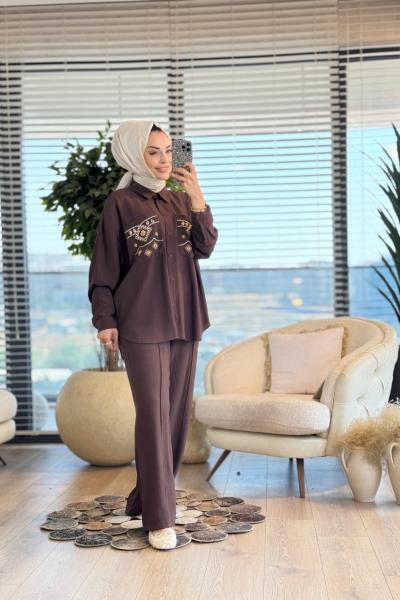 34839 Cebi Nakış Ve Boncuk İşlemeli Takım Kahve