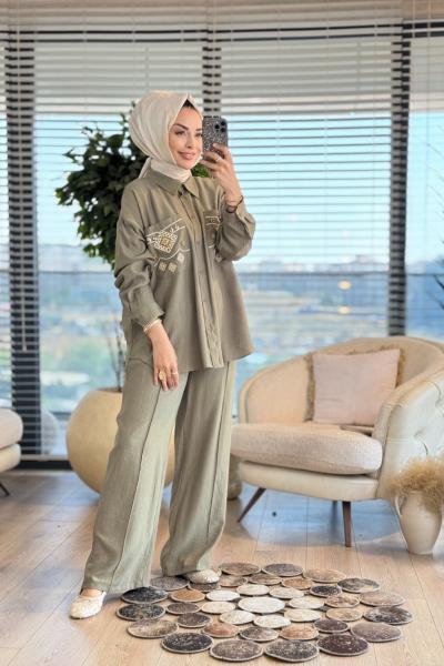 34839 Cebi Nakış Ve Boncuk İşlemeli Takım Haki