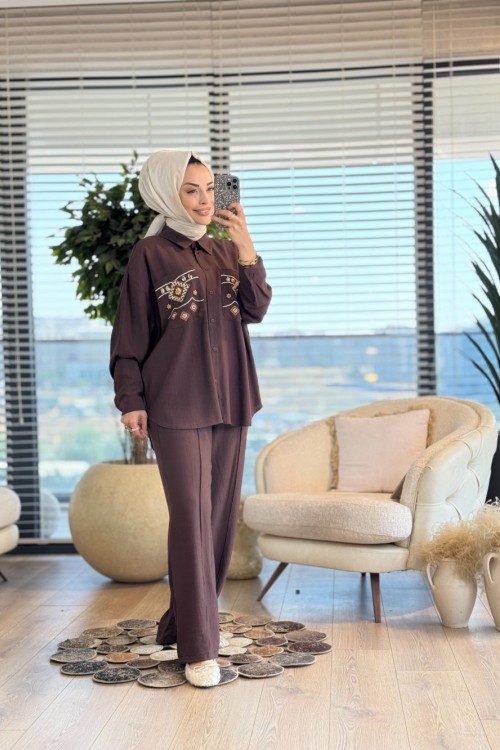 34839 Cebi Nakış Ve Boncuk İşlemeli Takım Kahve