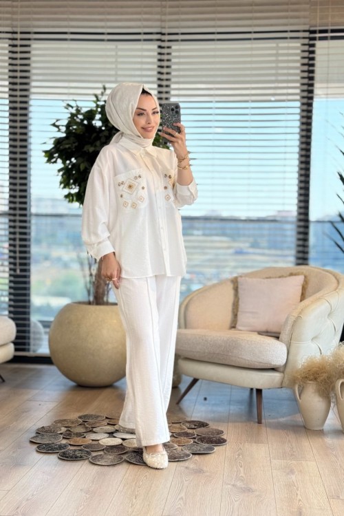 34839 Cebi Nakış Ve Boncuk İşlemeli Takım Ekru